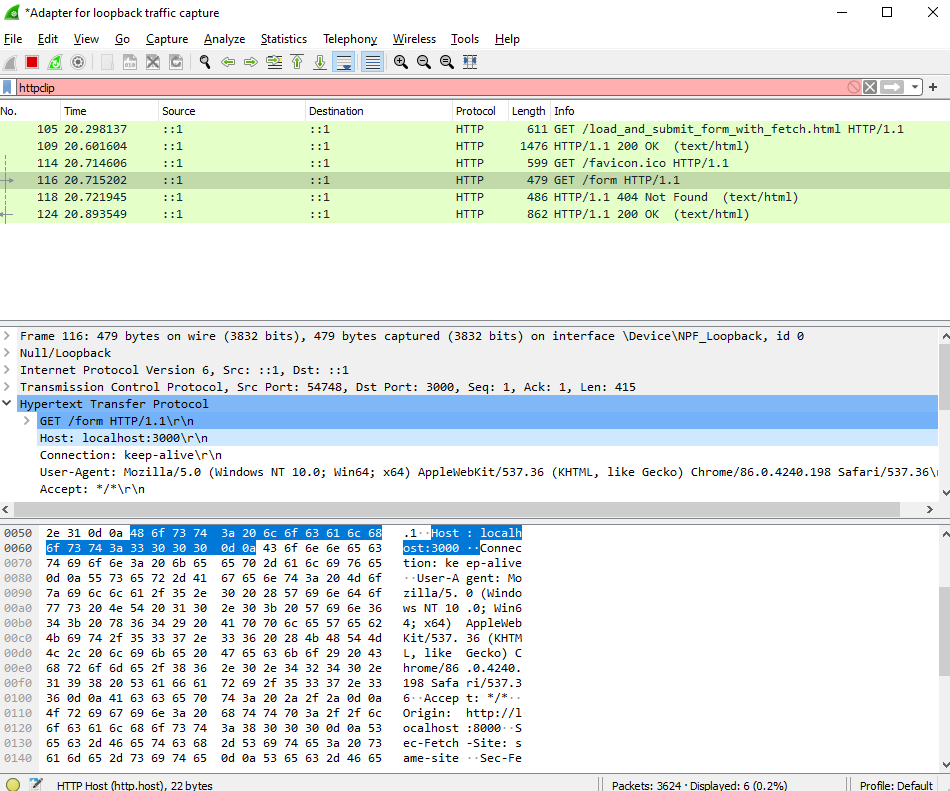 wireshark trace of fetch request being sent